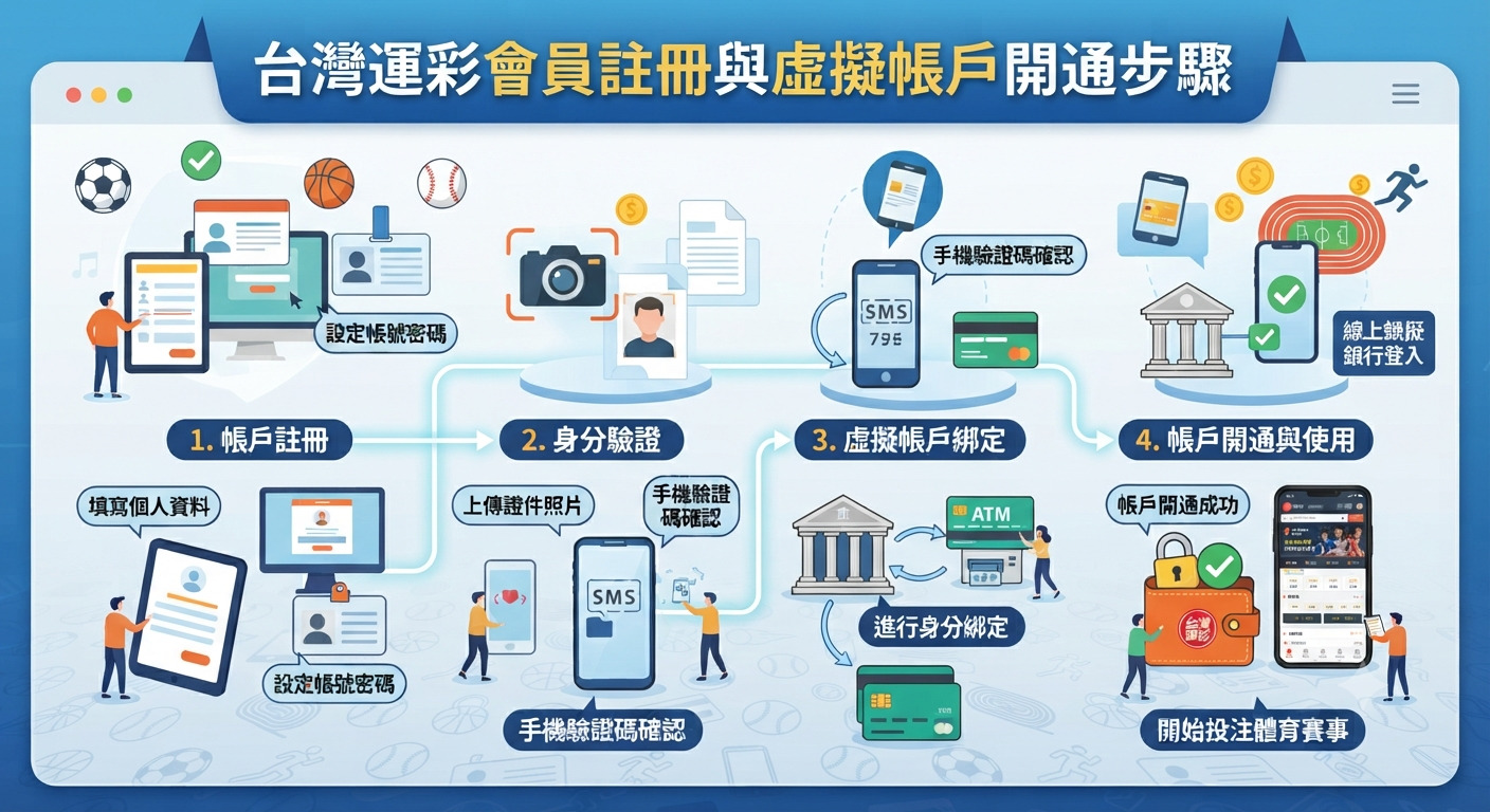 這張資訊圖表詳細展示了台灣運彩會員註冊與虛擬帳戶開通的四個主要步驟。 畫面透過插圖與流程圖，引導使用者完成帳戶註冊、身分驗證、虛擬帳戶綁定及開通使用。
